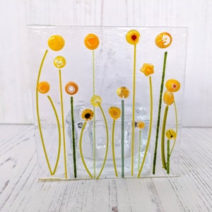 Fused Glass Yellow Flower Square Tealight Holder ~ Sunshine Home Decor ~ Bright Colourful Floral Candle Ornament ~ Garden Outdoor Decor