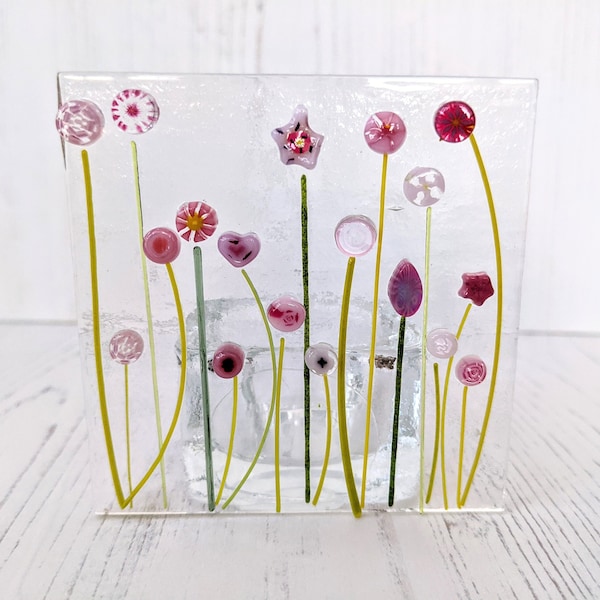 Fused Glass Pink Flower Square Tealight Holder ~ Pastel Fuscia Home Decor ~ Bright Colourful Floral Candle Ornament ~ Garden Outdoor Decor