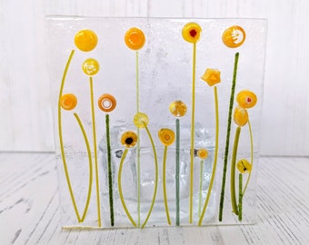 Fused Glass Yellow Flower Square Tealight Holder ~ Sunshine Home Decor ~ Bright Colourful Floral Candle Ornament ~ Garden Outdoor Decor