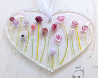 Gesmolten glas roze bloem hart hanger ~ Floral Suncatcher Home Decor ~ helder kleurrijk ornament ~ tuindecoratie Pasen Moederdag cadeau