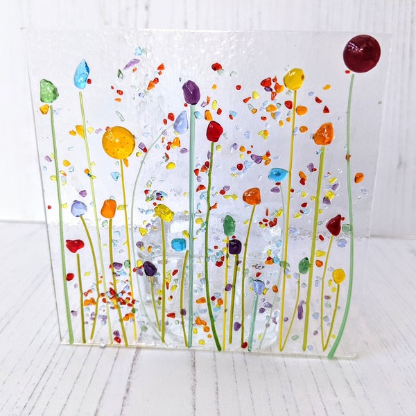 Rainbow Flowers Tealight Holder, Multicoloured Floral Home Decor, Brightly Coloured Candle Holder, Fused Glass Handmade Gift for Her