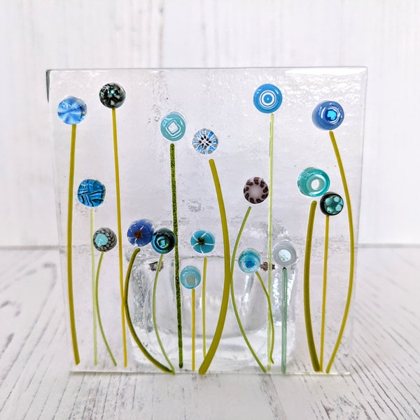 Fused Glass Blue Flower Square Tealight Holder, Turquoise Home Decor, Bright Colourful Floral Candle Ornament, Garden Decor, Blue Decor