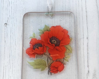 Red Poppy Suncatcher - Flowers - Spring Floral Fused Glass Window Hanger - Easter Gift, Mother's Day Gift - Cheerful Housewarming