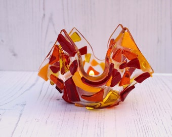 Red, Yellow and Orange Fused Glass Tealight Holder - Colourful Home Decor ~ Garden Outdoor Decor