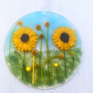 Handcrafted Fused Glass Sunflower Hanger, Bright Yellow Floral Decoration for Home or Garden, Glass Window Hanger, Sunflowers