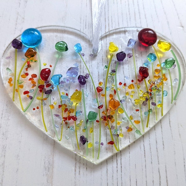 Rainbow Flowers Heart Hanger, Multicoloured Floral Home Decor, Brightly Coloured Suncatcher, Fused Glass Handmade Gift for Her