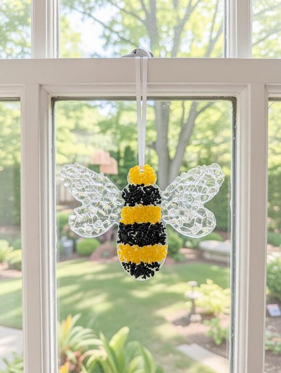 Bumble Bee Hanger, Fused Glass Bee Suncatcher, Insect Window Hanger, Honeybee Gift, Black and Yellow Home Decor, Garden Decor, Bee Ornament