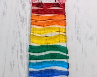 Fused Glass Rainbow Hanger, Multicoloured Suncatcher Window Decor, Housewarming Unique Handmade Gift