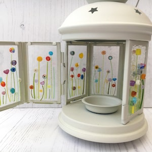 Multicoloured Floral Fused Glass Lantern ~ Colourful Flowers ~ Garden Decor ~ Gift for Her ~ Candle Holder ~ Unique Home Decor