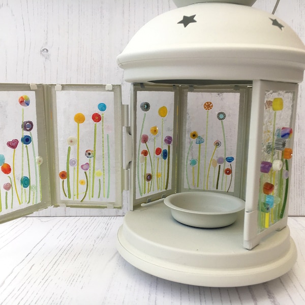 Multicoloured Floral Fused Glass Lantern ~ Colourful Flowers ~ Garden Decor ~ Gift for Her ~ Candle Holder ~ Unique Home Decor