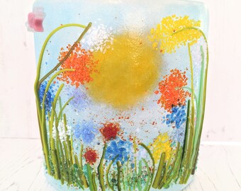 Colourful Flower Meadow Glass Ornamental Curve with Sun, Fused Glass Candle Shield, Unique Home Decor, Floral Home Decor, Candle Holder