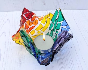 Rainbow Tealight Holder, Multicoloured Fused Glass Mosaic, Candler Holder Decorative Ornament, Home Decor, Bright Colours