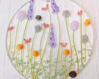 Round Floral Spring Hanger, Lilac, Pink and Grey Home Decor, Daffodils, Bumble Bee, Ladybird, Fused Glass Suncatcher, Floral Window Hanger