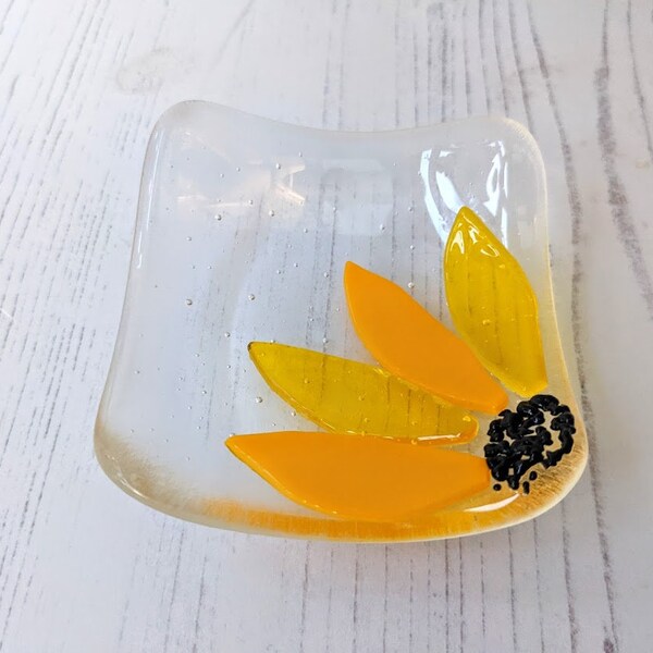 Porte-objets tournesol, cadeau fleur en verre fusionné, plat décoratif jaune pour bagues florales, porte-bijoux, porte-clés, cadeau tournesol