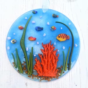Handmade Fused Glass Ocean Scene Suncatcher, Colourful Fish & Coral Reef Hanging Decoration, Ocean Window Hanger