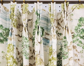 Hikaru Willow, Green & Blue Asian Toile Fabric | Lined Custom Drapes or Curtains | Pinch Pleat or Euro Pleat | 4&quot; Header (2 Panels / 1 Pair)