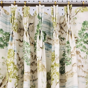 Hikaru Willow, Green & Blue Asian Toile Fabric | Lined Custom Drapes or Curtains | Pinch Pleat or Euro Pleat | 4&quot; Header (2 Panels / 1 Pair)