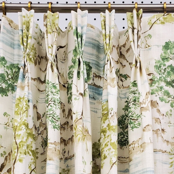 Hikaru Willow, Green & Blue Asian Toile Fabric | Lined Custom Drapes or Curtains | Pinch Pleat or Euro Pleat | 4" Header (2 Panels / 1 Pair)