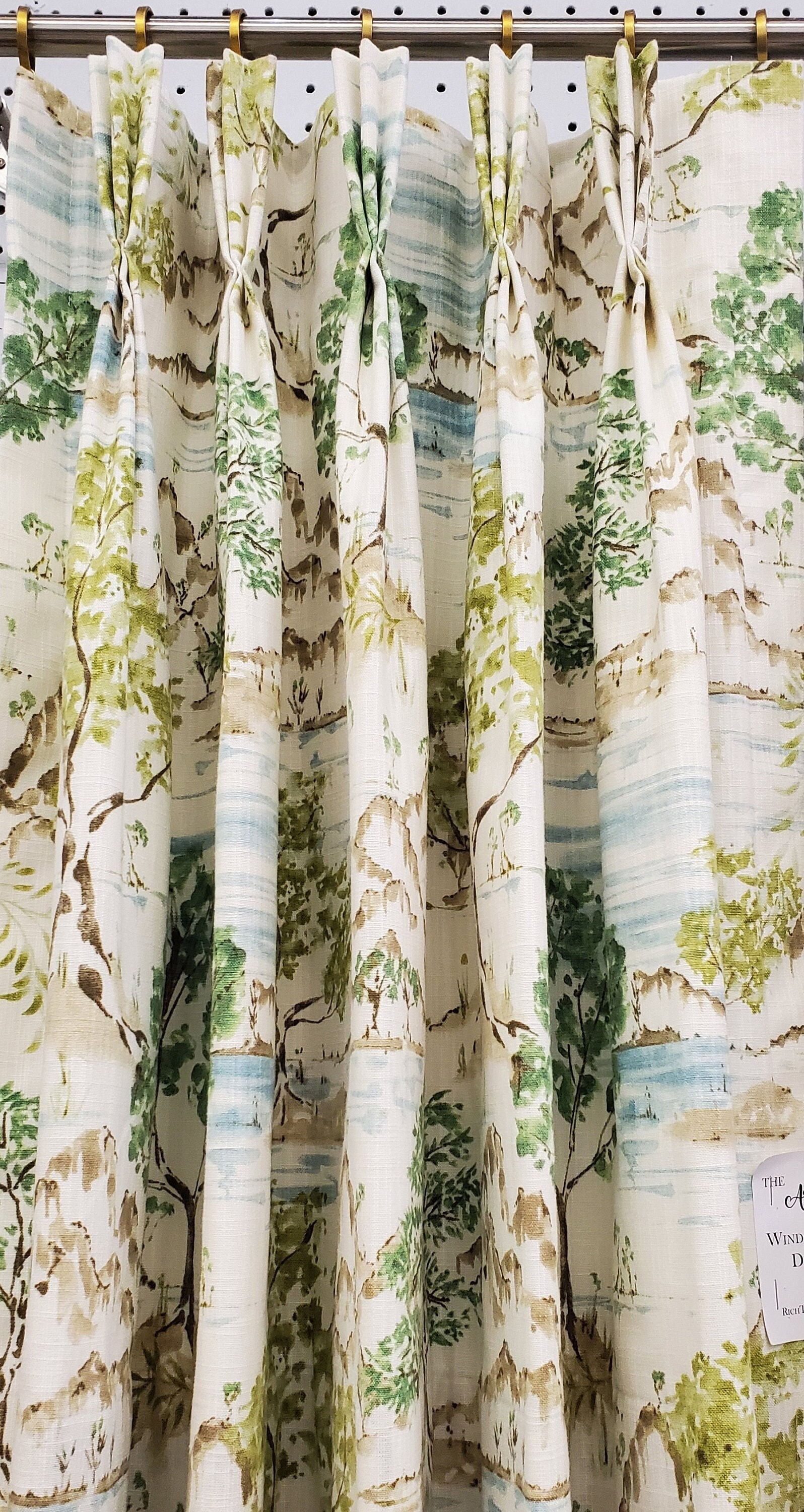 Hikaru Willow, Green & Blue Asian Toile Fabric | Lined Custom Drapes or Curtains | Pinch Pleat or Euro Pleat | 4" Header (2 Panels / 1 Pair)