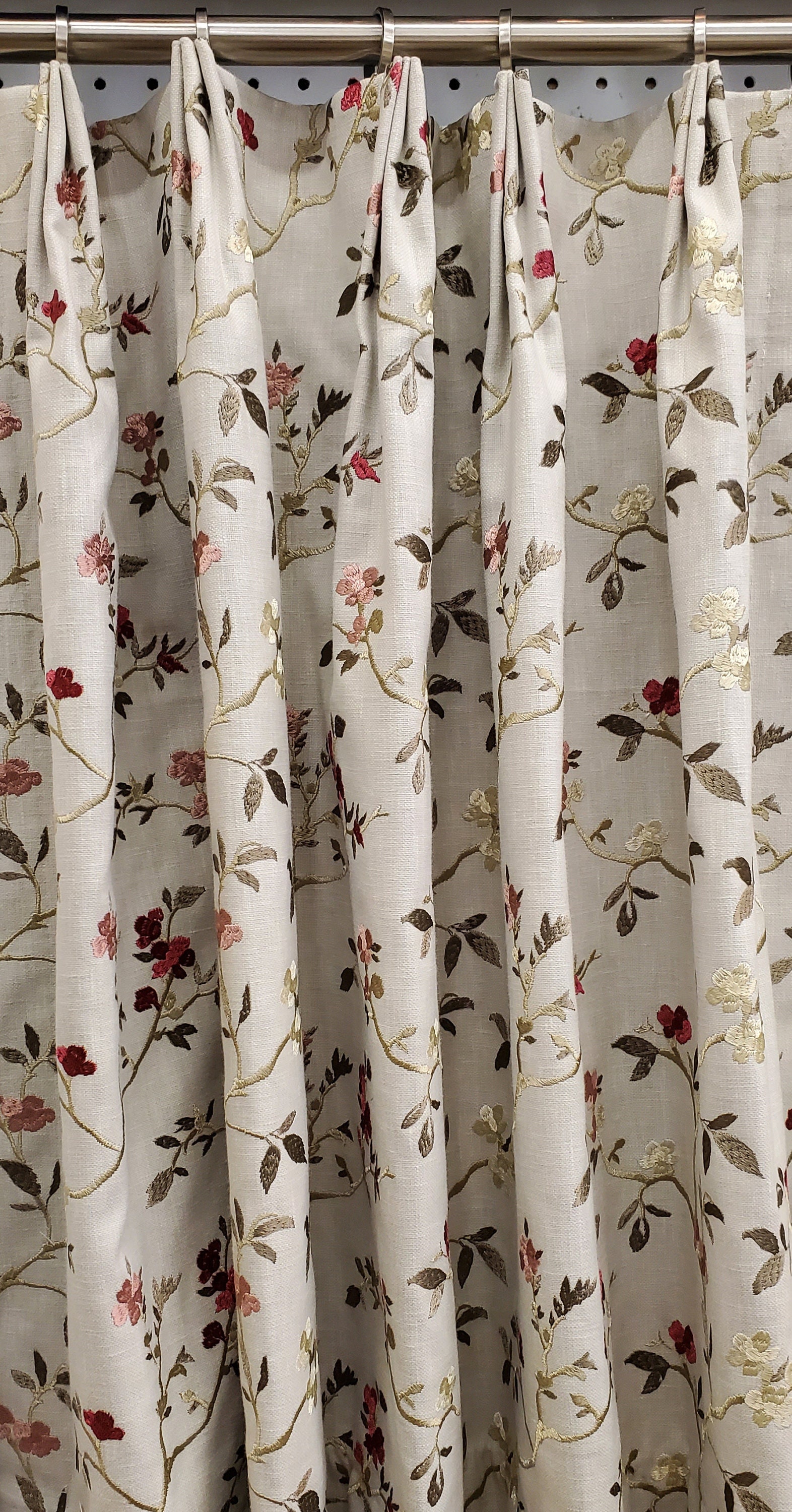 Giacomina Tourmaline, Pink Floral Embroided | Lined Custom Drapes or Curtains | Pinch Pleat or Euro Pleat | 4" Header (2 Panels / 1 Pair)