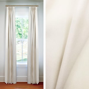 Cotton Twill in White, 100% Cotton Fine-Line Twill Fabric | Lined Custom Drapes or Curtains | Pinch Pleated | 3&quot; Header (2 Panels / 1 Pair)