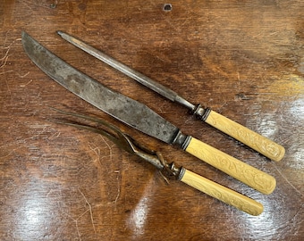 LF&C Aetna Works 3 Piece Carving Set Carbon Steel Pressed Celluloid 1900-1920