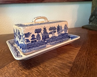 Antique Blue Willow covered butter dish