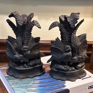 Pair of Antique Black Forest Carved bird vases