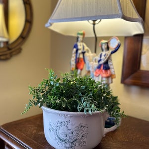 May include: A white ceramic planter with a green floral design, filled with a green leafy plant. The planter has two handles and is sitting on a wooden surface.