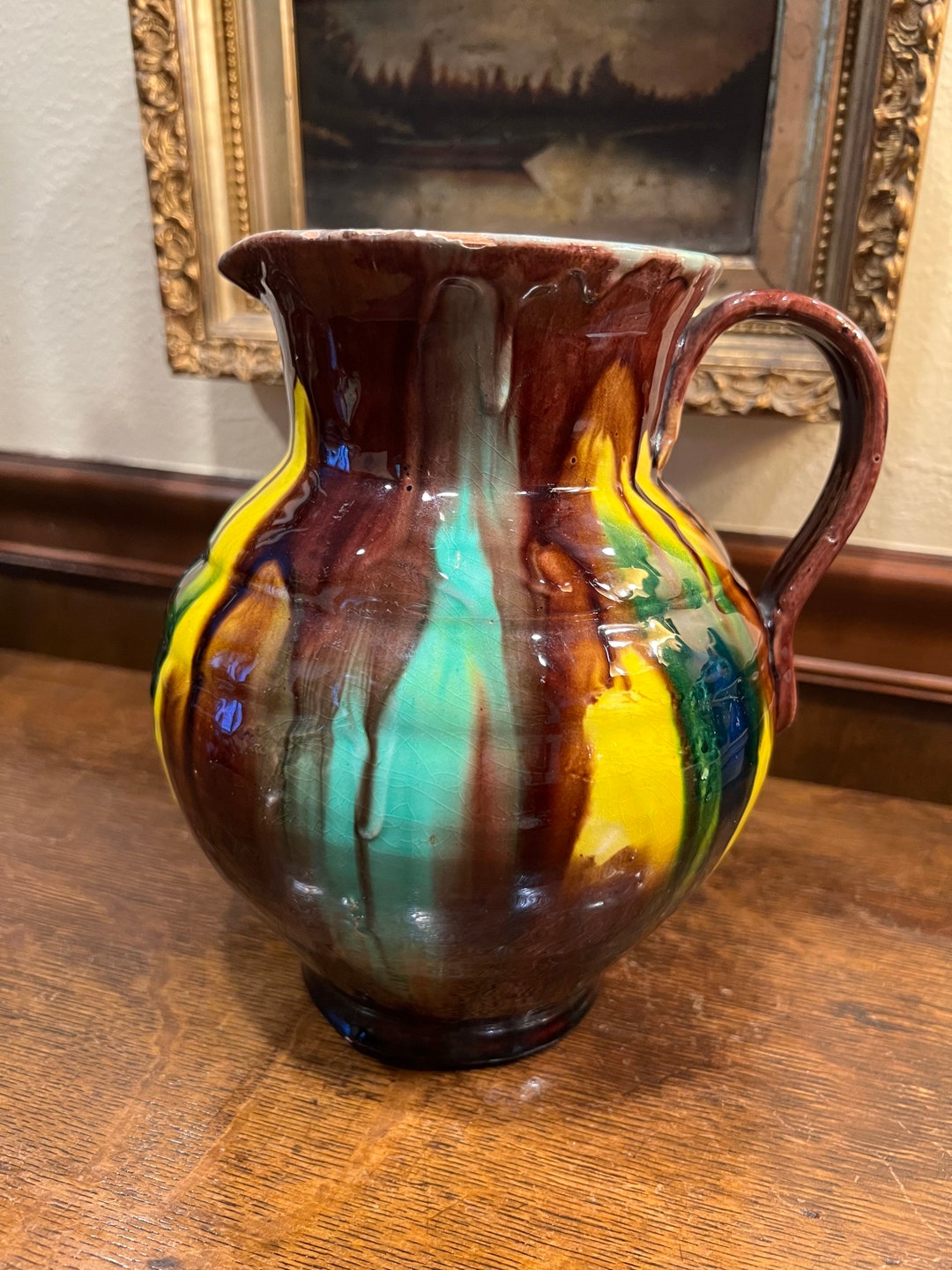 Majolica Pitcher Drip Glaze Pitcher Etsy
