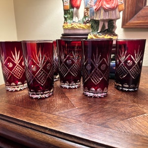 Set of 7 Vintage Cranberry Cut Glass Crystal high ball glasses