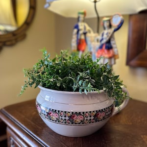 May include: White ceramic planter with a black and white checkered pattern and floral accents. The planter is filled with green leafy plants.
