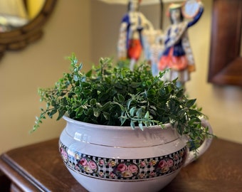 May include: White ceramic planter with a black and white checkered pattern and floral accents. The planter is filled with green leafy plants.