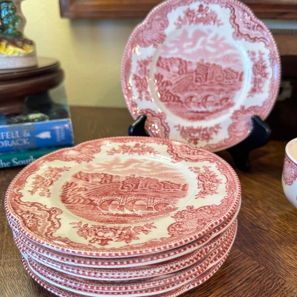 Red and white Johnston bros Stoke on Trent Old Britain Castles plates
