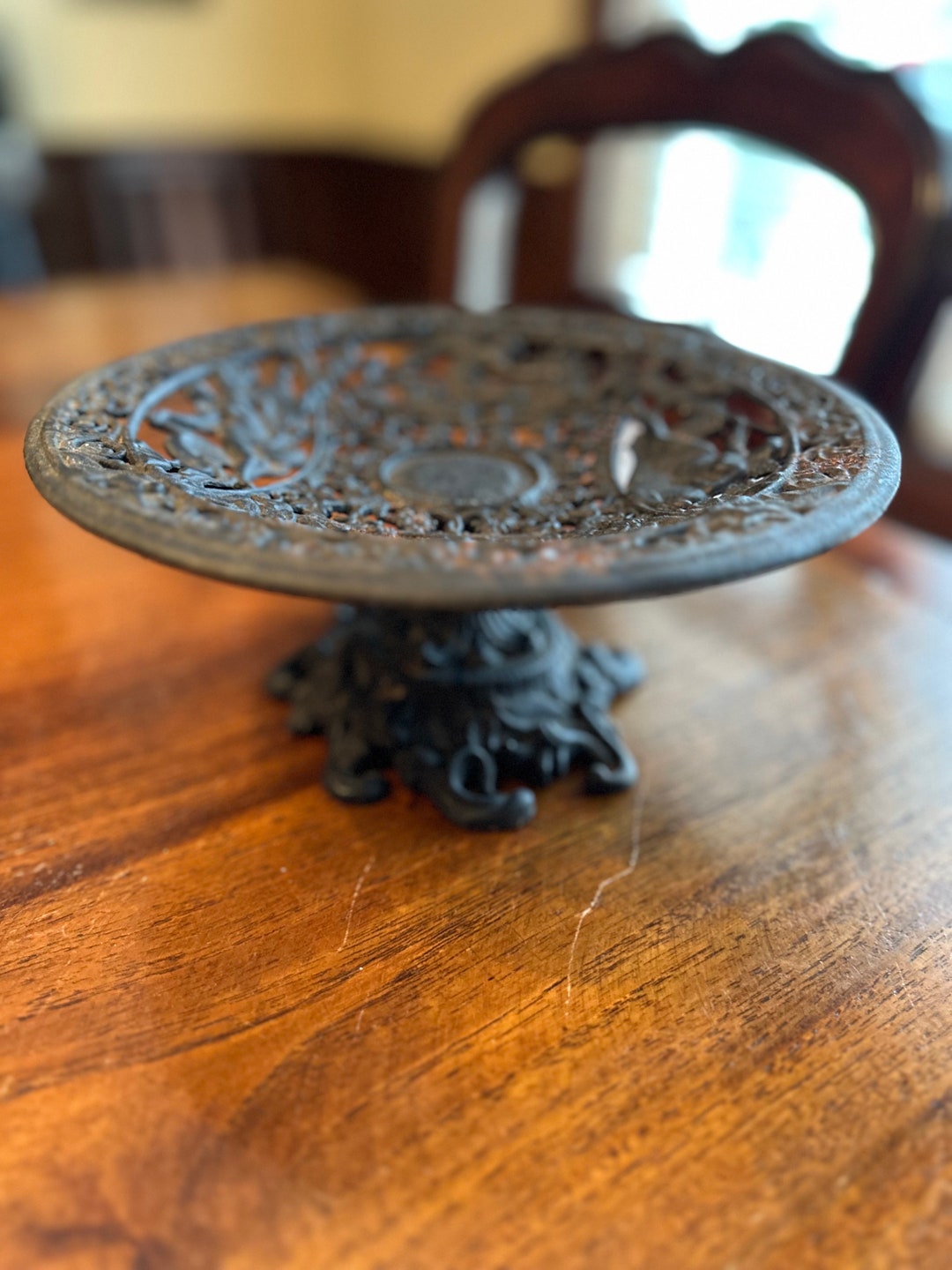 Antique 1930's Cast Iron Compote Made by Emig Ornate Fruit Bowl Greek