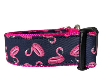 Flamingo Dog Collar, Navy, Fuchsia Pink Nylon, Girl Dog, Outdoor Collar, Pool Floatie