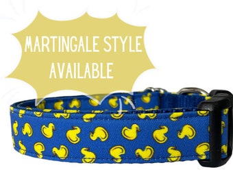 Dog Collar, Rubber Duckies, Rubber Duck, Royal Blue Fabric Dog Collar, Martingale OR plastic or metal Buckle Style