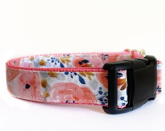 Coral Pink Floral Dog Collar, Coral Pink Nylon, Bright Floral, Girl Dog Collar