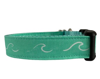 Wave Dog Collar, Aqua Green Nylon, Sea Life, Outdoor Collar, Nautical Collar