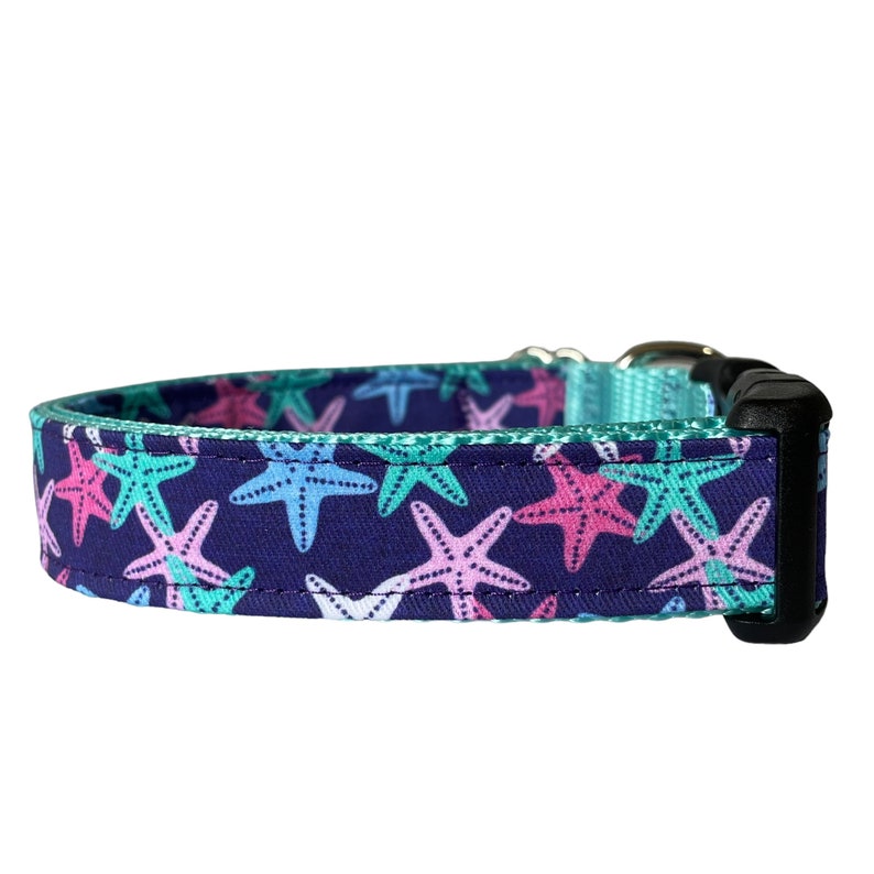 Starfish Dog Collar, Aqua Blue Nylon, Sea Life, Outdoor Collar, Nautical Collar, Surfing Collar, Beach, Summer image 2