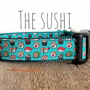 Hundehalsband Sushi Teal, Teal Nylon, Kunststoffschnalle, Metallschnalle, Martingale