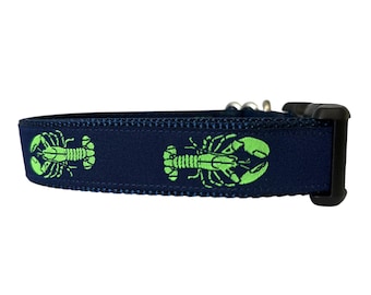 Dog Collar, Lobster Dog Collar, navy Nylon, lime Lobster, Navy Background Nautical Collar