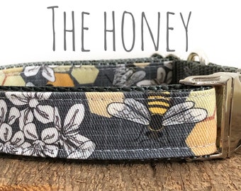 Dog Collar, Honey Bee Fabric Dog Collar, Metal buckle, plastic buckle, Martingale and Personalization Available
