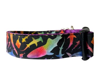 Dog Collar, Rainbow Sharks on Purple
