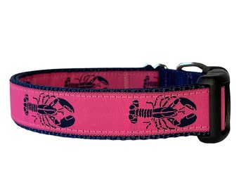 Halsband, Halsband met kreeft, Marineblauw nylon, Marinekreeft, Nautische halsband Roze/Marineblauw/Marineblauw