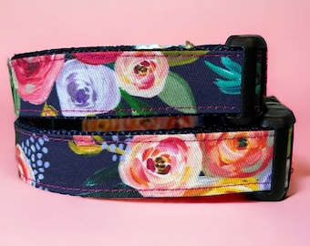 Pink Navy Floral Dog Collar, Navy Nylon, Bright Floral, Girl Dog Collar