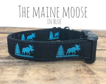 Dog Collar Maine Moose Pine Tree Blue Heavy Duty Plastic or Metal Buckle or Martingale