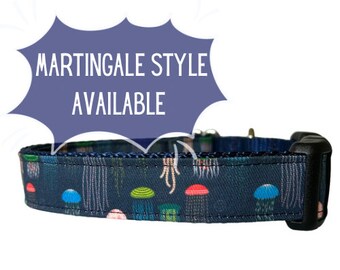 Dog Collar, Jelly fish Jellyfish Boho Fabric Dog Collar, Martingale and Personalization Available