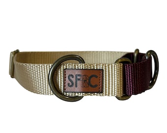 Martingale Dog Collar, Tan and Maroon Boutique Style Dog Collar with antique brass hardware