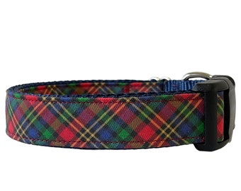 Dog Collar, Christmas Plaid Dog Collar, Navy Blue Nylon, Red Green Blue Plaid, Gingham, Preppy Collar